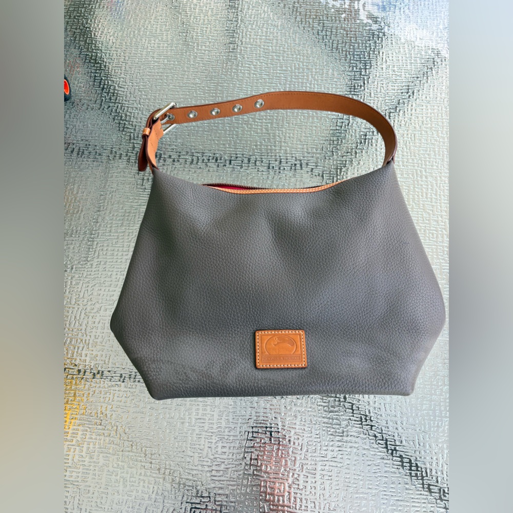Dooney & Burke Classic Black Leather Shoulder Bag with Tan Strap